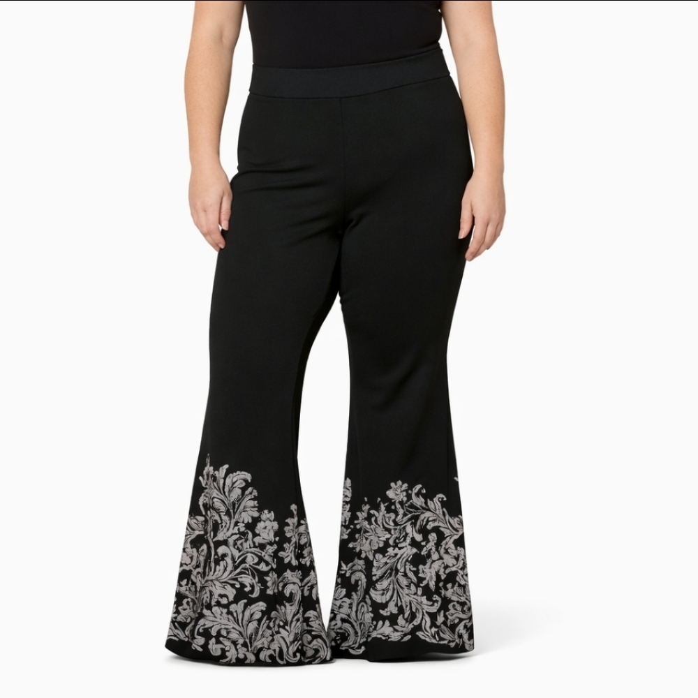 NWT INC Black and White Wide Leg Bohemian Flare Pants Floral Embroidered Sz 16